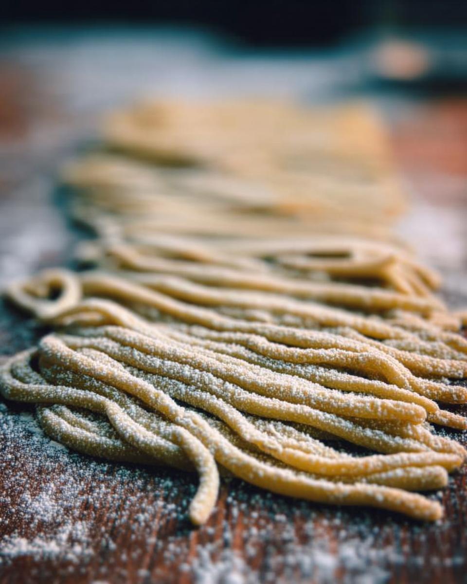 Close-up of freshly made pasta strands dusted with flour, ready for pasta recipes.