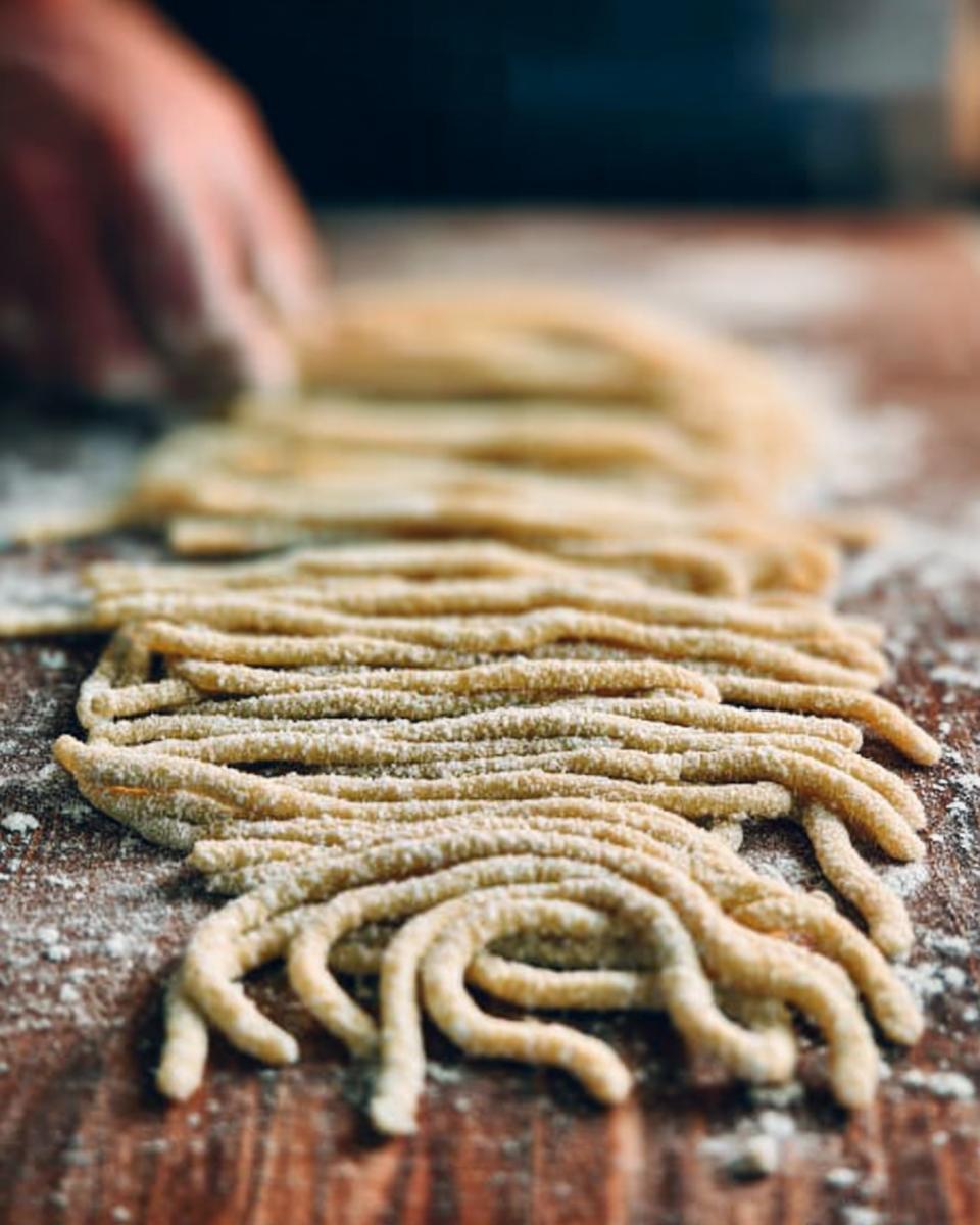 Close-up of freshly made pasta strands dusted with flour, ready for pasta recipes.