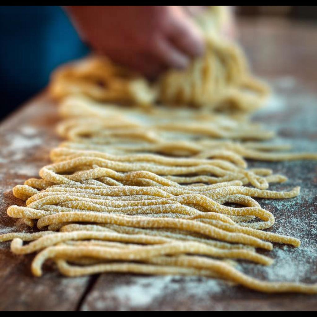 Close-up of freshly made pasta strands dusted with flour, ready for pasta recipes.