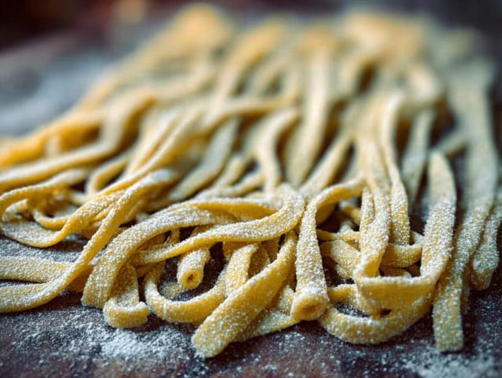 Close-up of fresh, homemade pasta noodles dusted with flour, ready for pasta recipes.
