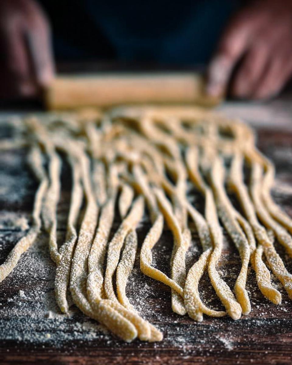 Close-up of freshly made pasta strands dusted with flour, ready for pasta recipes.