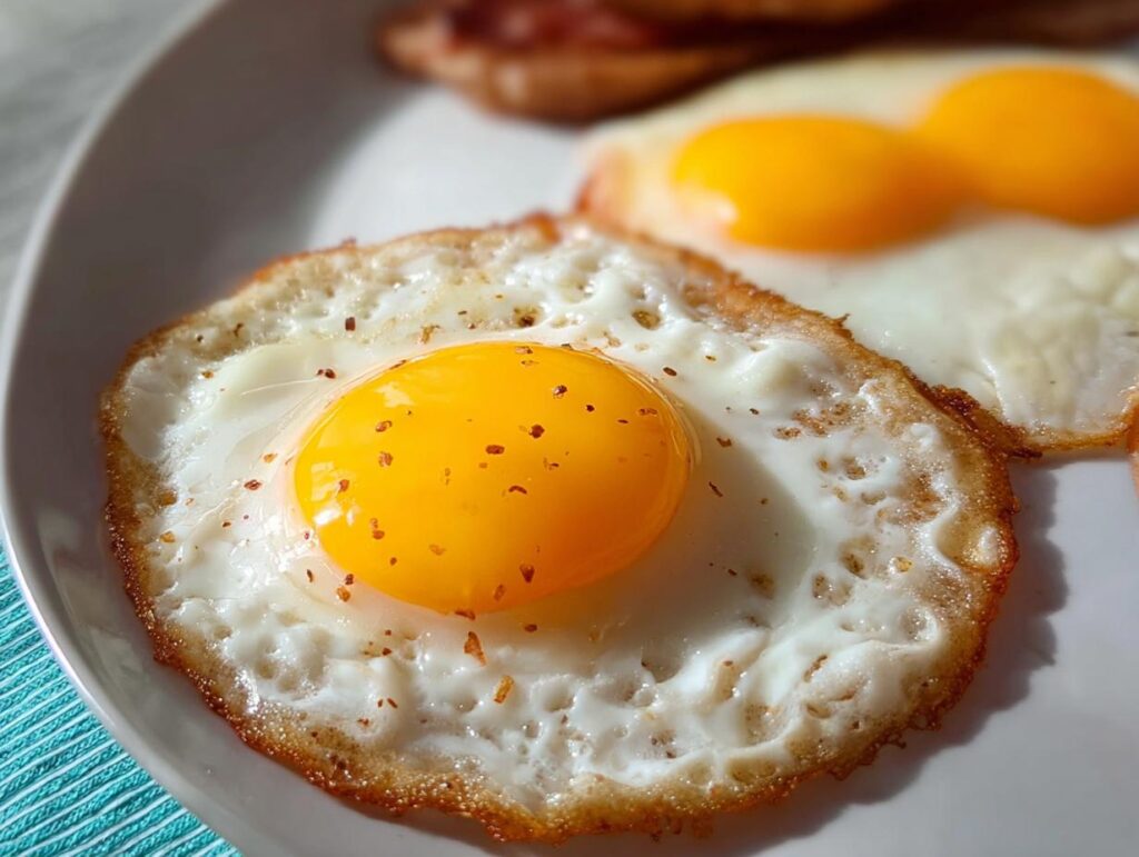 Close-up of a perfectly fried egg with a bright yellow yolk, seasoned with pepper. A great egg recipe.