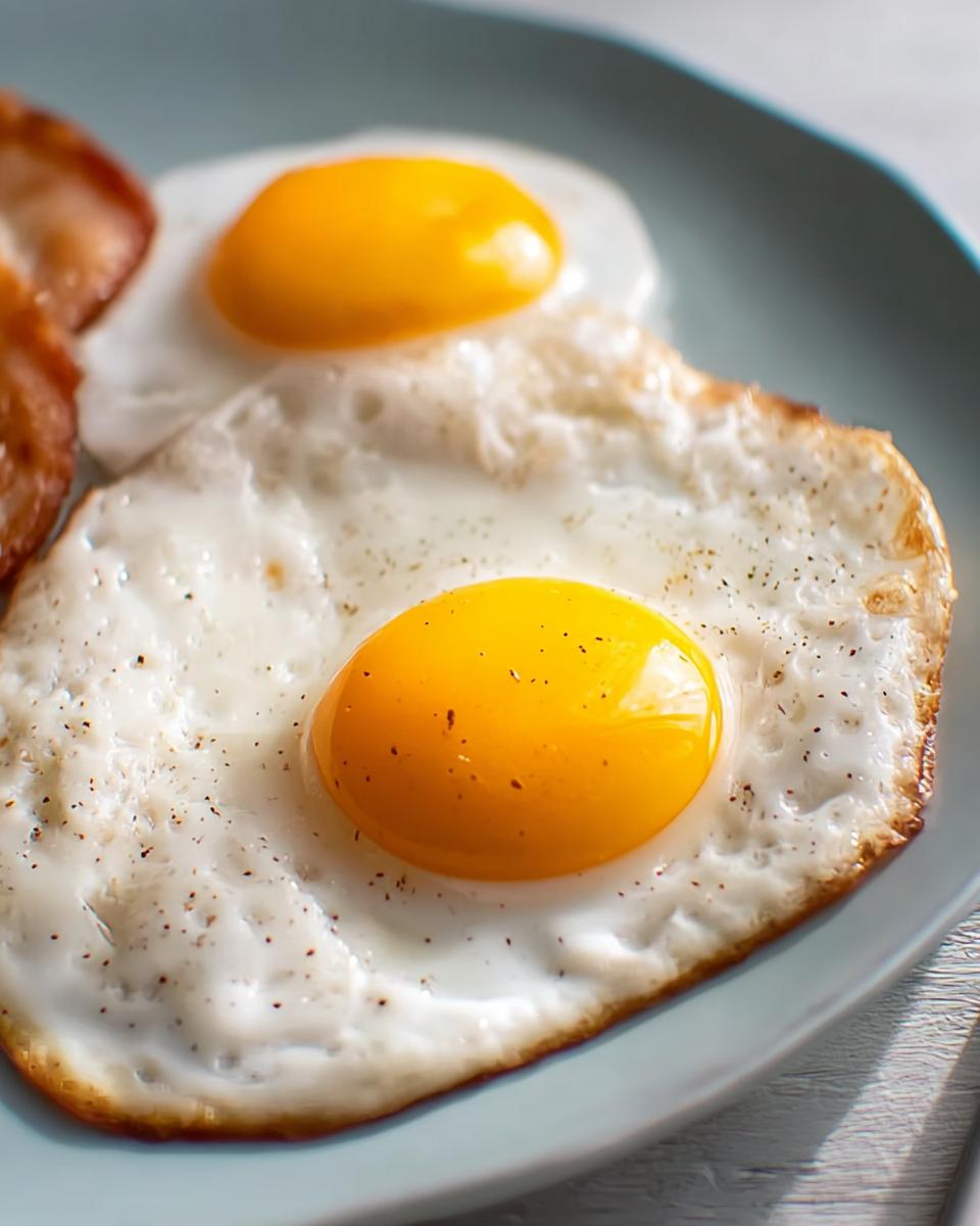Close-up of two perfectly fried eggs with bright yellow yolks, seasoned with pepper, part of an egg recipe.
