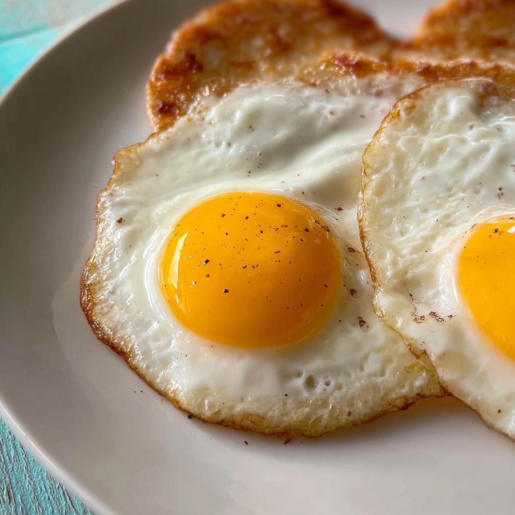 Close-up of two perfectly fried eggs with runny yolks, seasoned with black pepper, a great egg recipe.