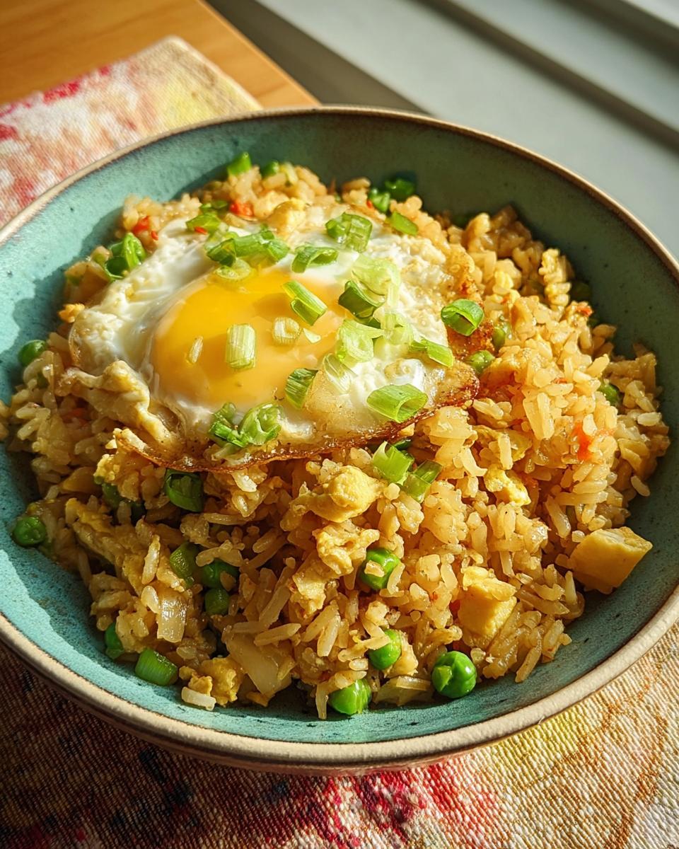 A bowl of fried rice topped with a sunny-side-up egg and chopped green onions, showcasing one of the 7-Ingredient Egg Recipes.