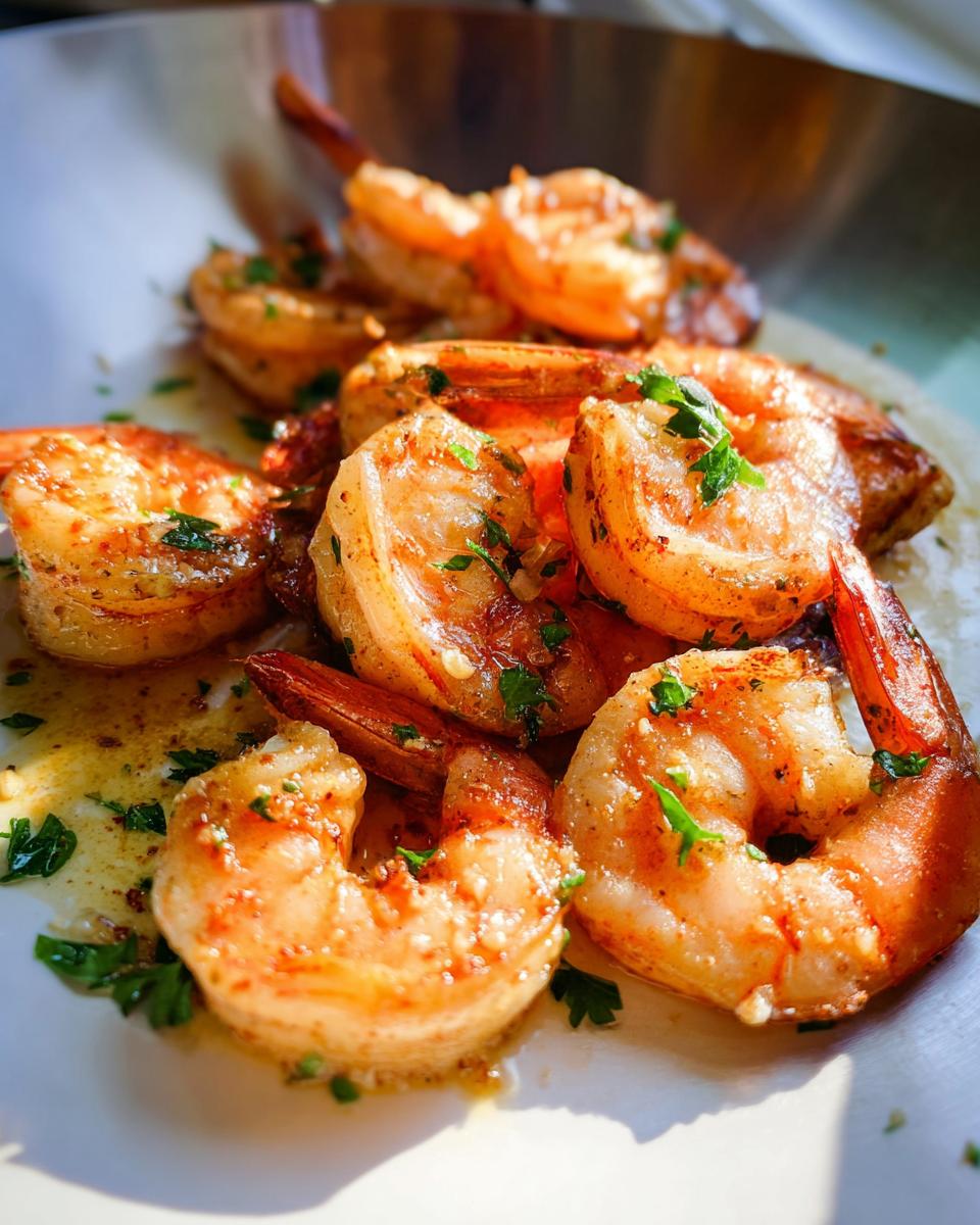 Close-up of succulent garlic butter shrimp, seasoned and garnished with fresh parsley, perfect for beginner shrimp recipes.