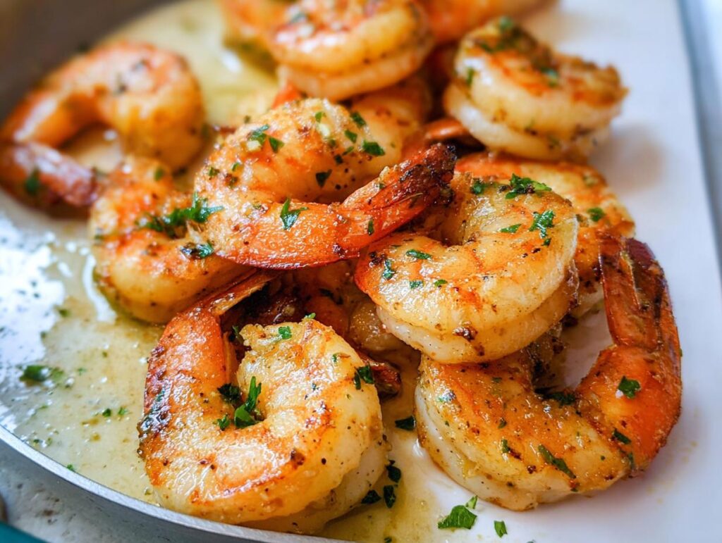 Close-up of perfectly cooked garlic butter shrimp, seasoned with herbs, ready to be served.