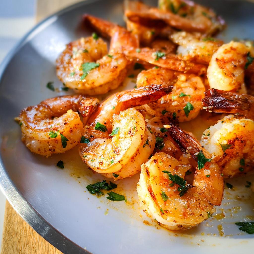 A close-up of perfectly cooked garlic butter shrimp, seasoned and garnished with parsley, ready to be served.
