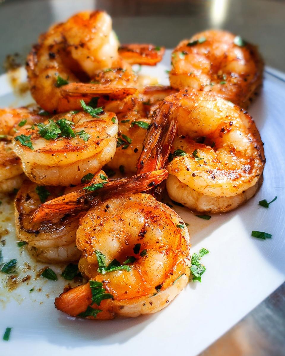 Close-up of perfectly cooked garlic butter shrimp, seasoned and garnished with fresh parsley, part of The Ultimate Shrimp Recipes Guide for Beginners.