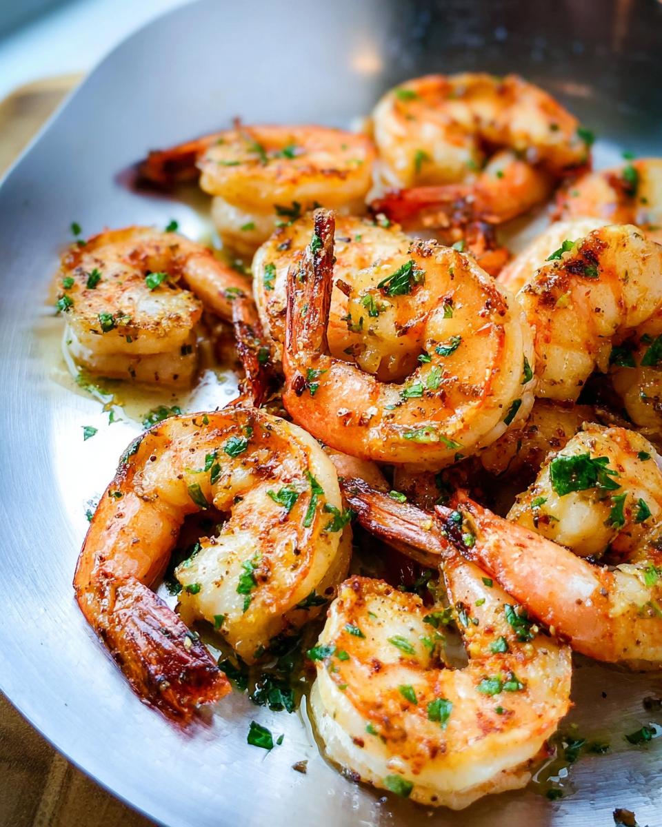 Close-up of perfectly cooked garlic butter shrimp, seasoned with herbs, ready to be served.