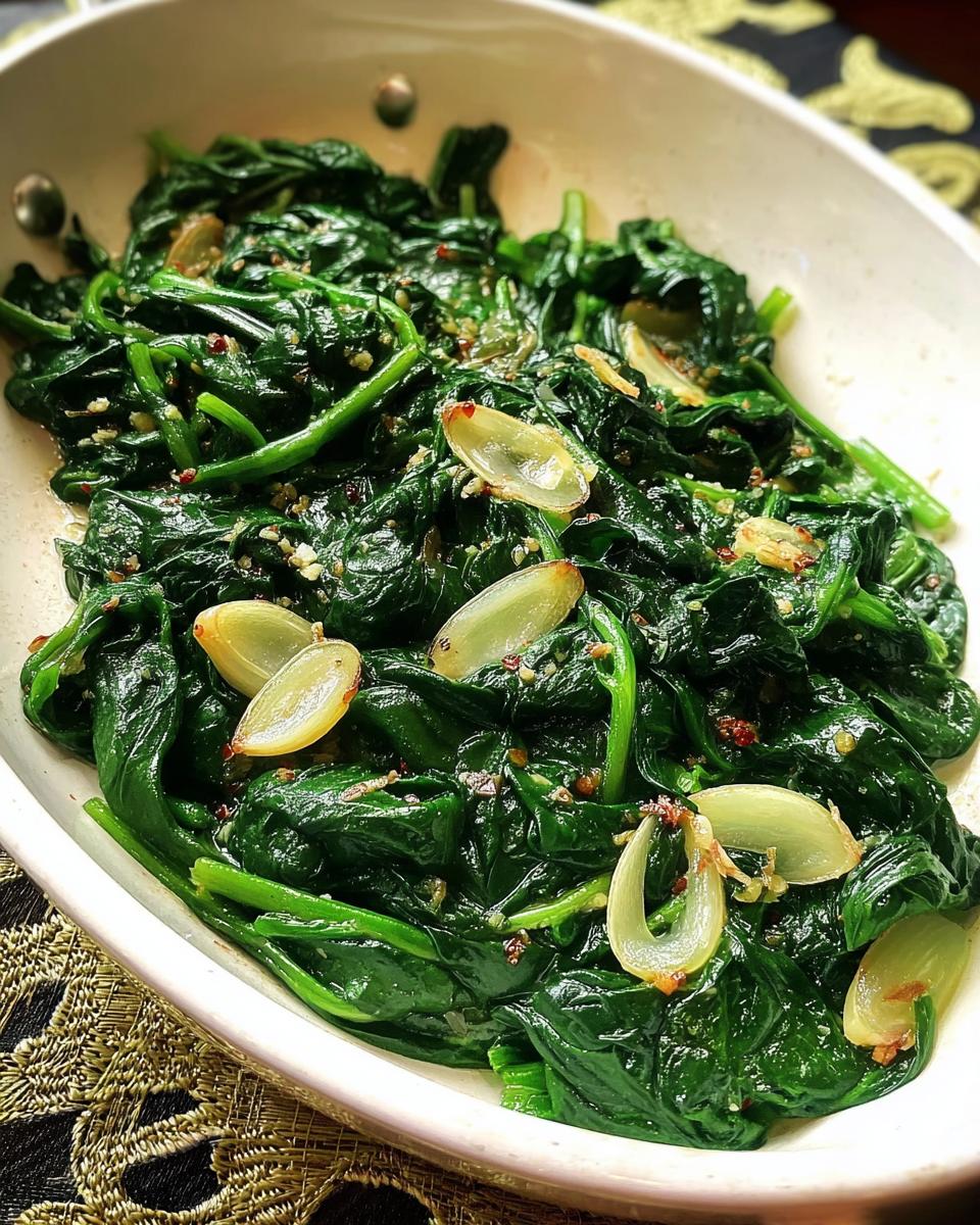 Close-up of sautéed spinach with garlic slices and chili flakes, part of 20-Ingredient Veggie Sides Recipes.