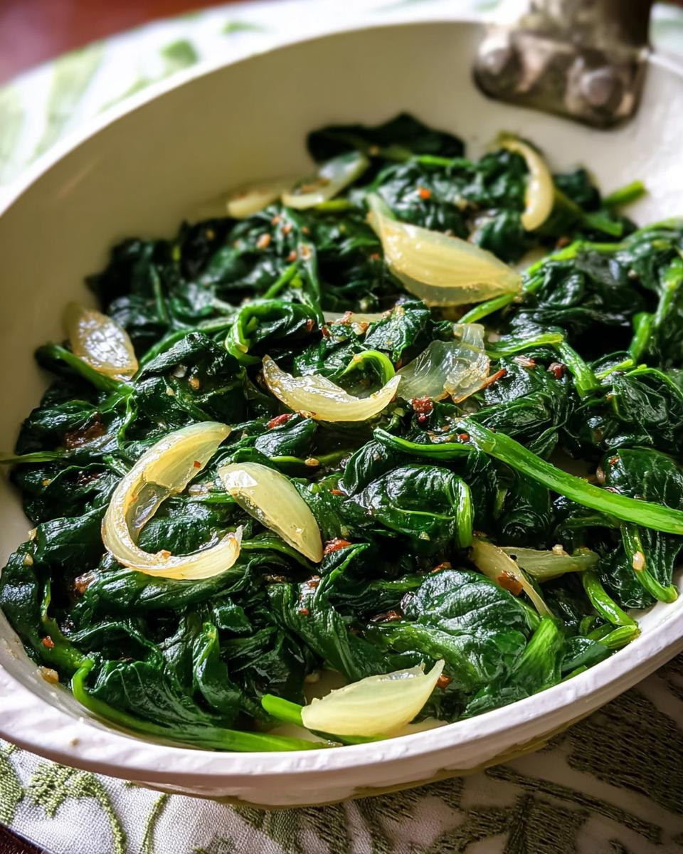 Close-up of garlicky sautéed spinach with onion slices, a delicious side dish.