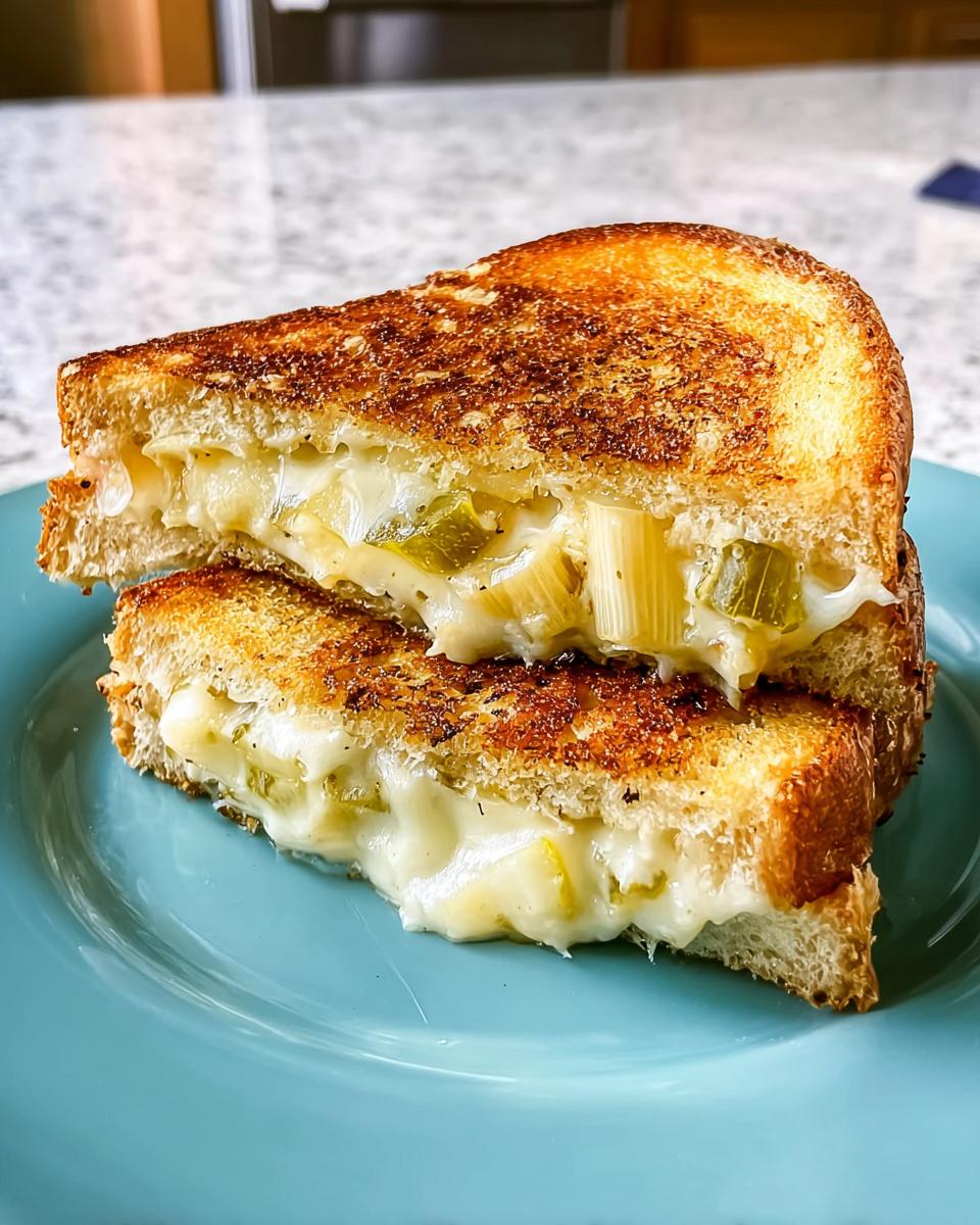 A close-up of a halved grilled cheese sandwich filled with melted cheese and leeks, showcasing its gooey interior.