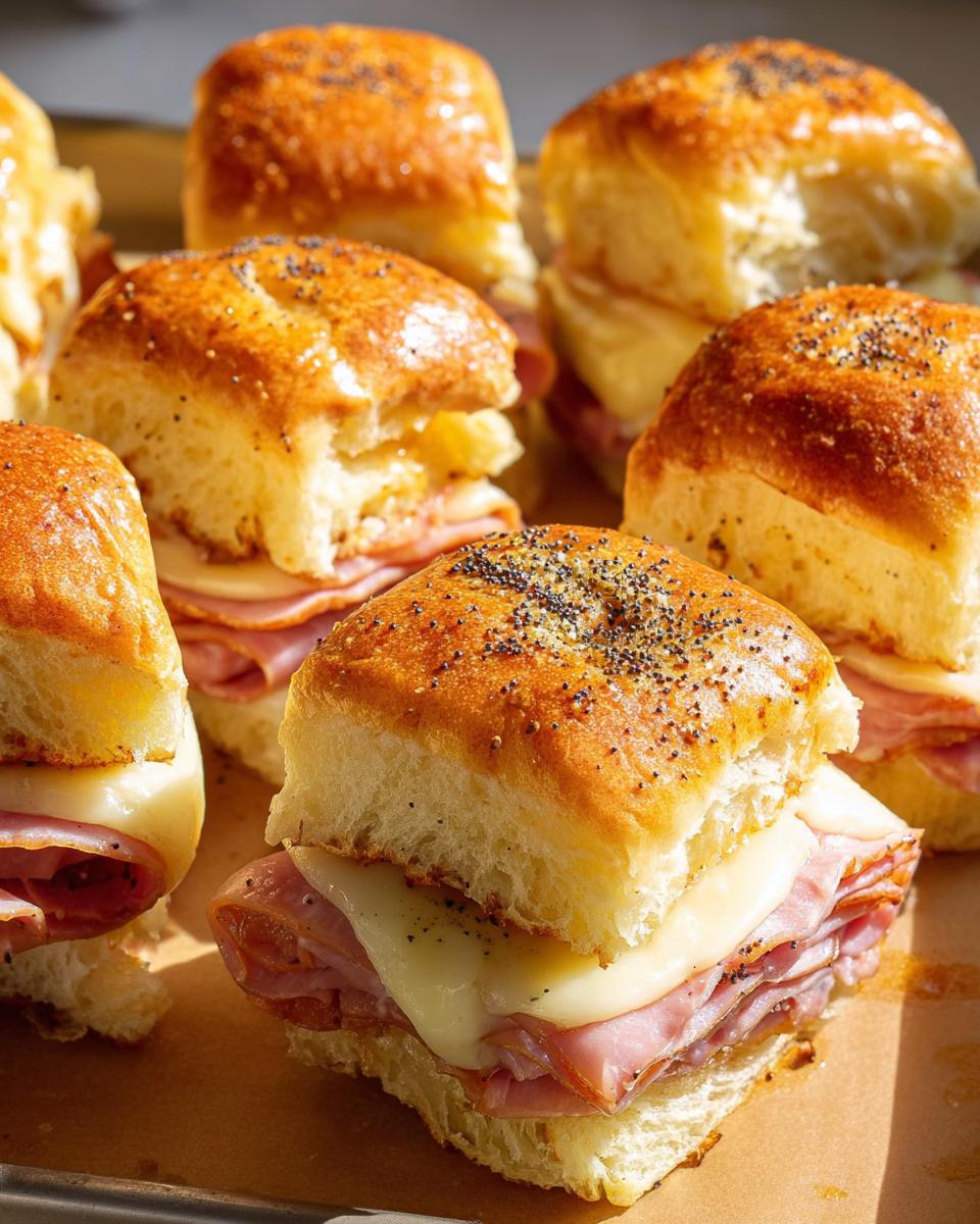 Close-up of delicious ham and cheese sliders, a perfect example of weeknight sandwich ideas.