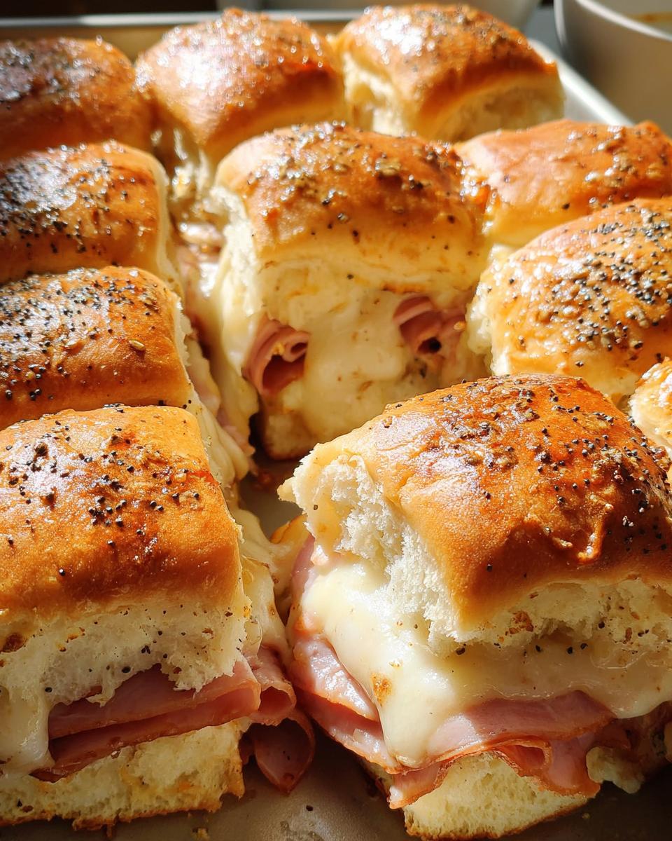 Close-up of gooey ham and cheese sliders, a perfect example of genius sandwich ideas for busy weeknights.
