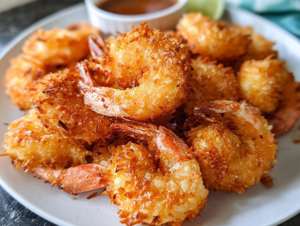 Close-up of a plate piled high with golden-brown, crispy coconut shrimp, a perfect addition to busy weeknight meals.