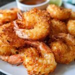 Close-up of a plate piled high with golden-brown, crispy coconut shrimp, a perfect addition to busy weeknight meals.