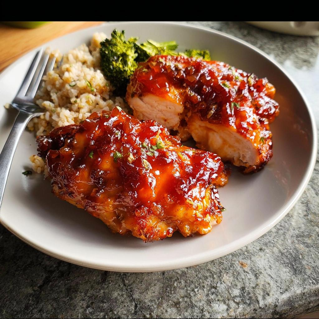 Close-up of glazed chicken breast served with rice and broccoli, a perfect example of easy dinner recipes in 25 minutes.