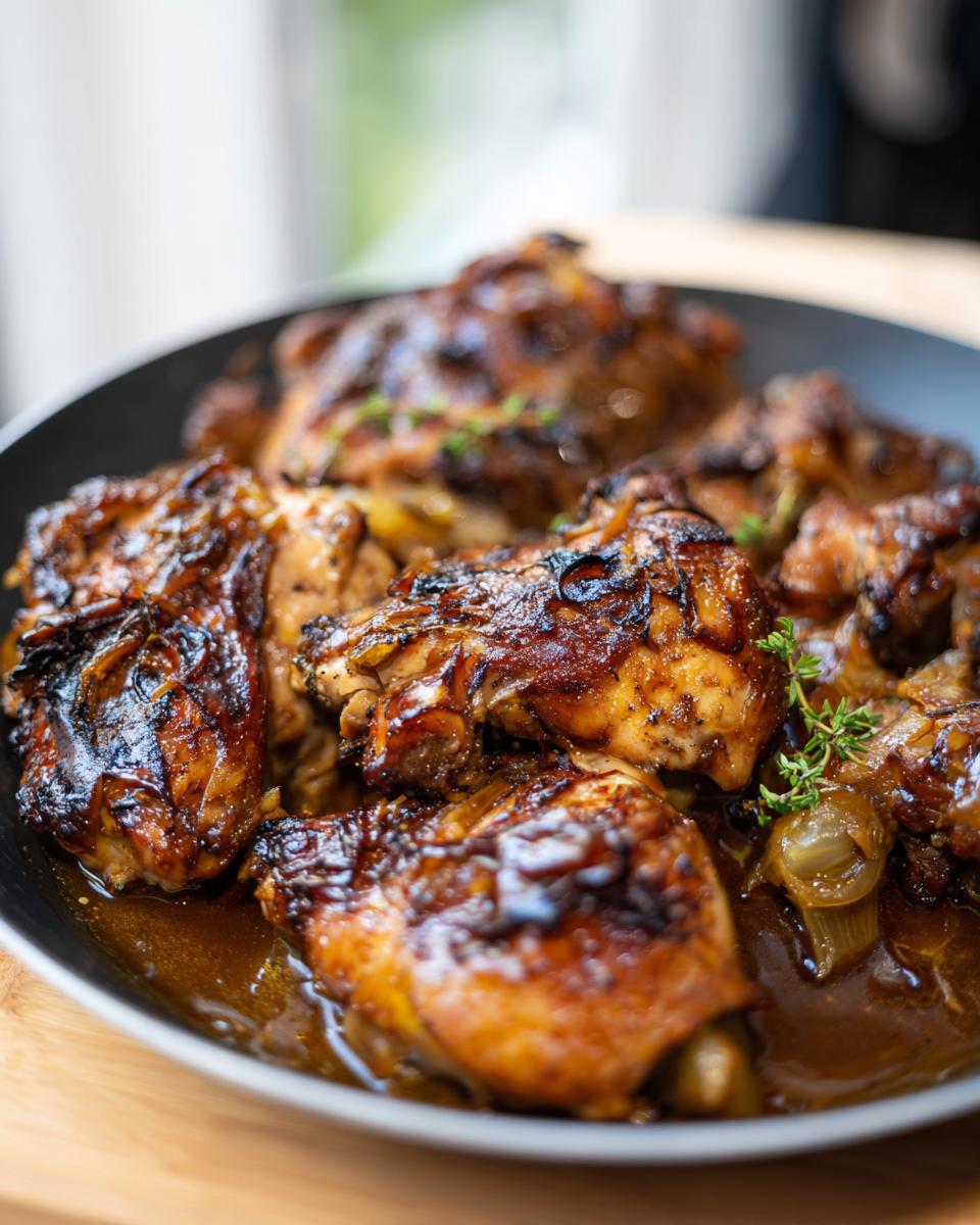 Close-up of tender, glazed chicken pieces with herbs and onions in a rich sauce.