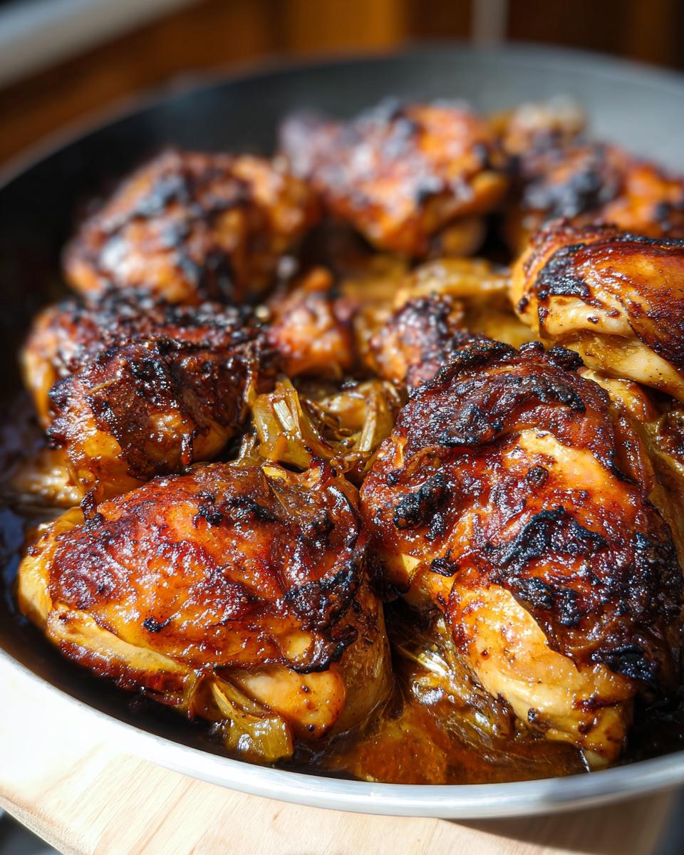 Close-up of juicy, glazed chicken thighs with crispy skin, cooked with onions in a pan. Part of The Only Chicken Recipes Recipe You'll Need (2025).