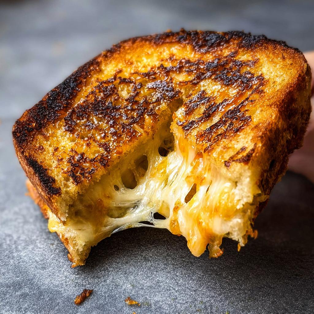 A close-up shot of a perfectly grilled cheese sandwich with gooey, melted cheese oozing out.
