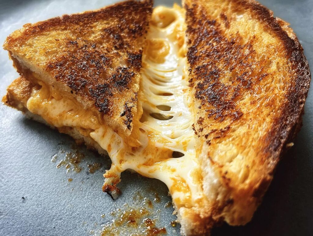 A close-up of a perfectly grilled cheese recipe, cut in half with gooey cheese stretching out.