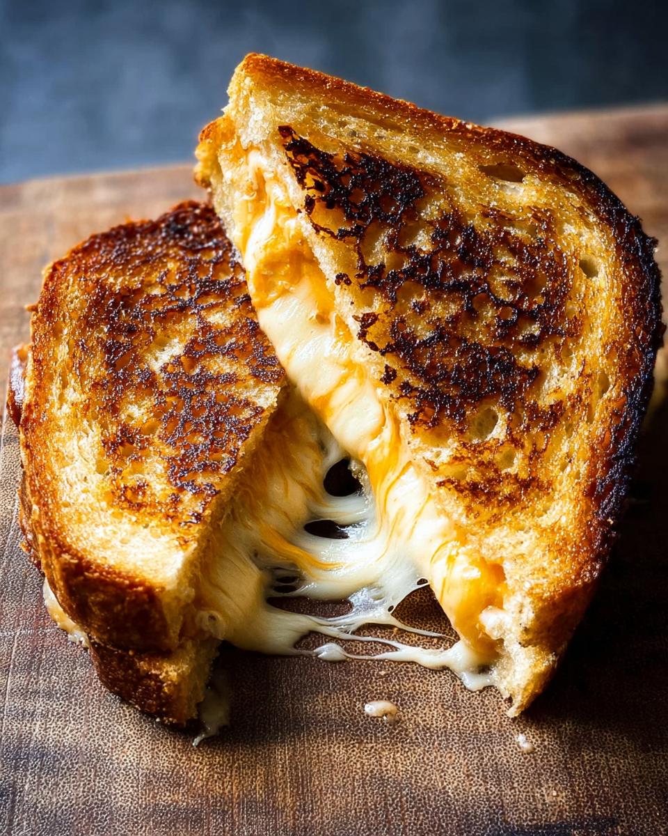 Close-up of a perfectly grilled cheese sandwich, oozing with melted cheese, on a wooden board.