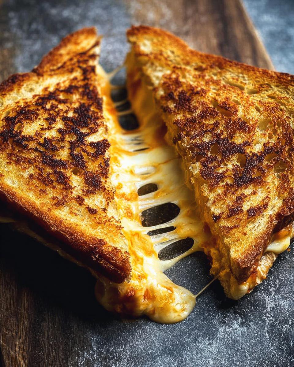 A perfectly grilled cheese sandwich pulled apart to reveal a generous amount of melted, gooey cheese.