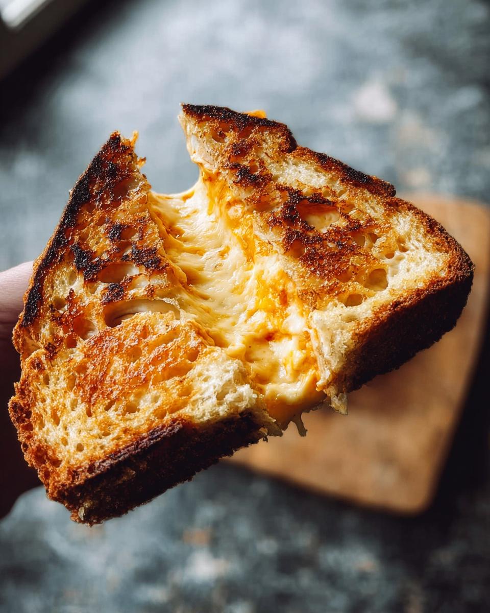 A delicious slice of grilled cheese, showing melted cheese oozing from perfectly toasted bread.