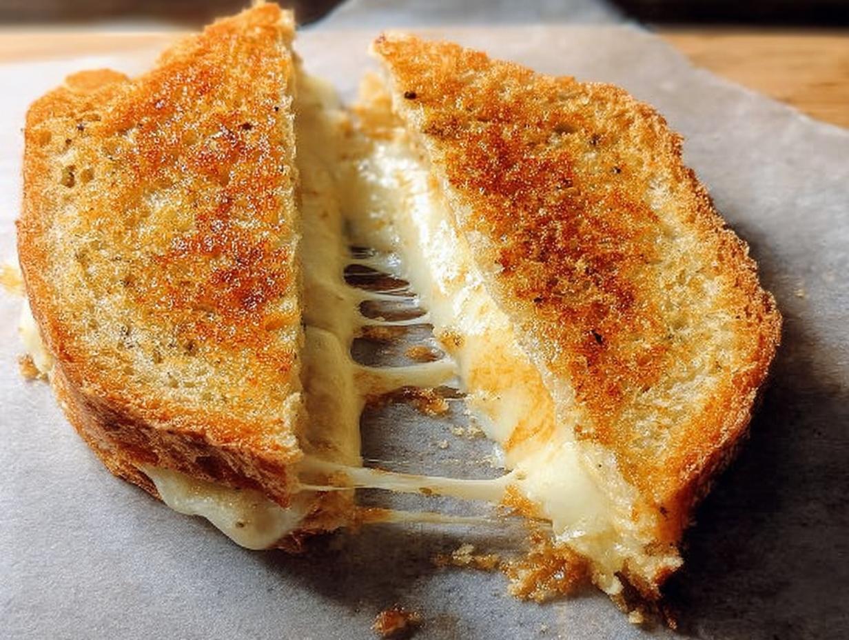 A perfectly grilled cheese sandwich, cut in half, with melted cheese oozing out, showcasing one of the best grilled cheese recipes.