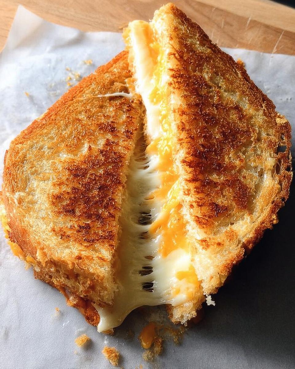 A perfectly grilled cheese sandwich, cut in half, with melted cheese oozing out.