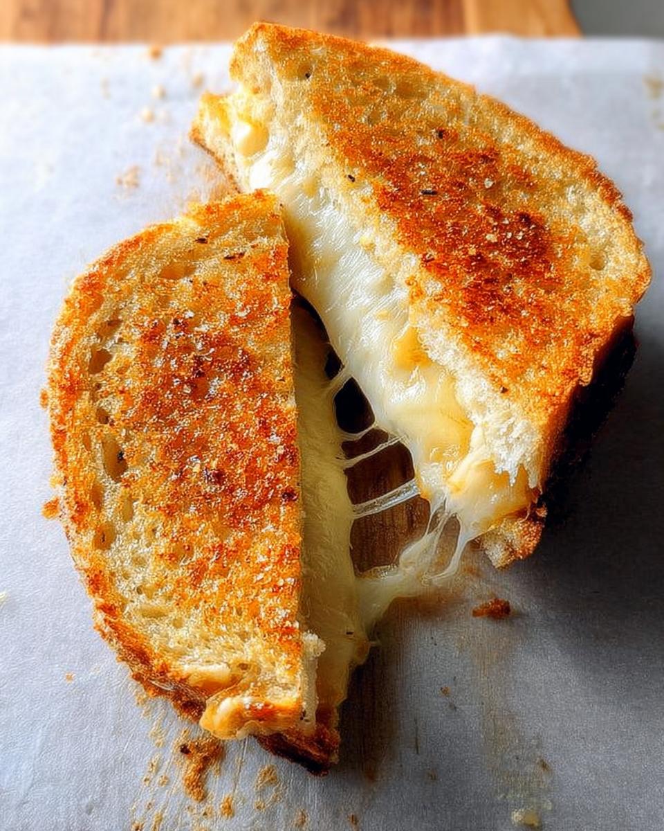 A perfectly grilled cheese sandwich, cut in half, with melted cheese oozing out. A favorite among grilled cheese recipes.