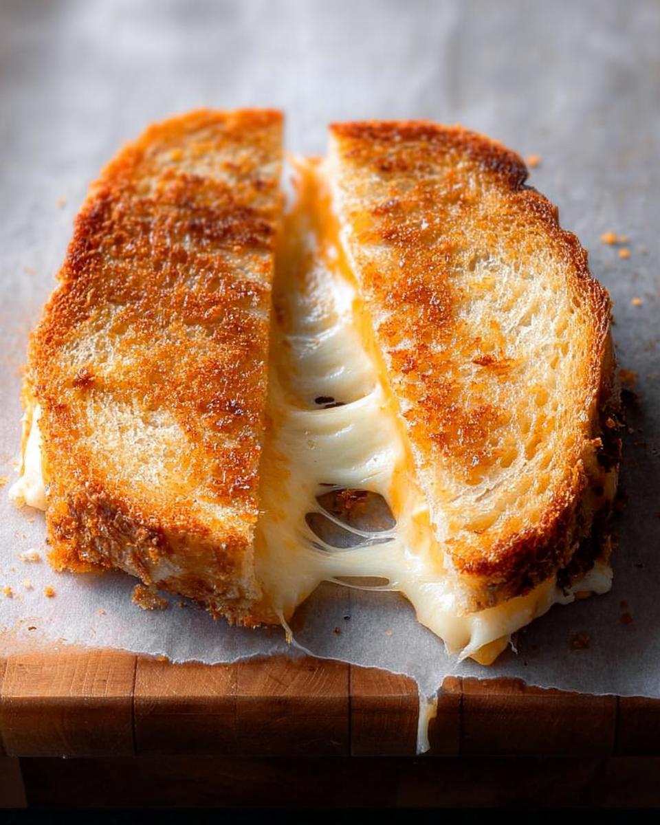 A perfectly grilled cheese sandwich, cut in half, with melted cheese oozing out. This is a classic grilled cheese recipe.