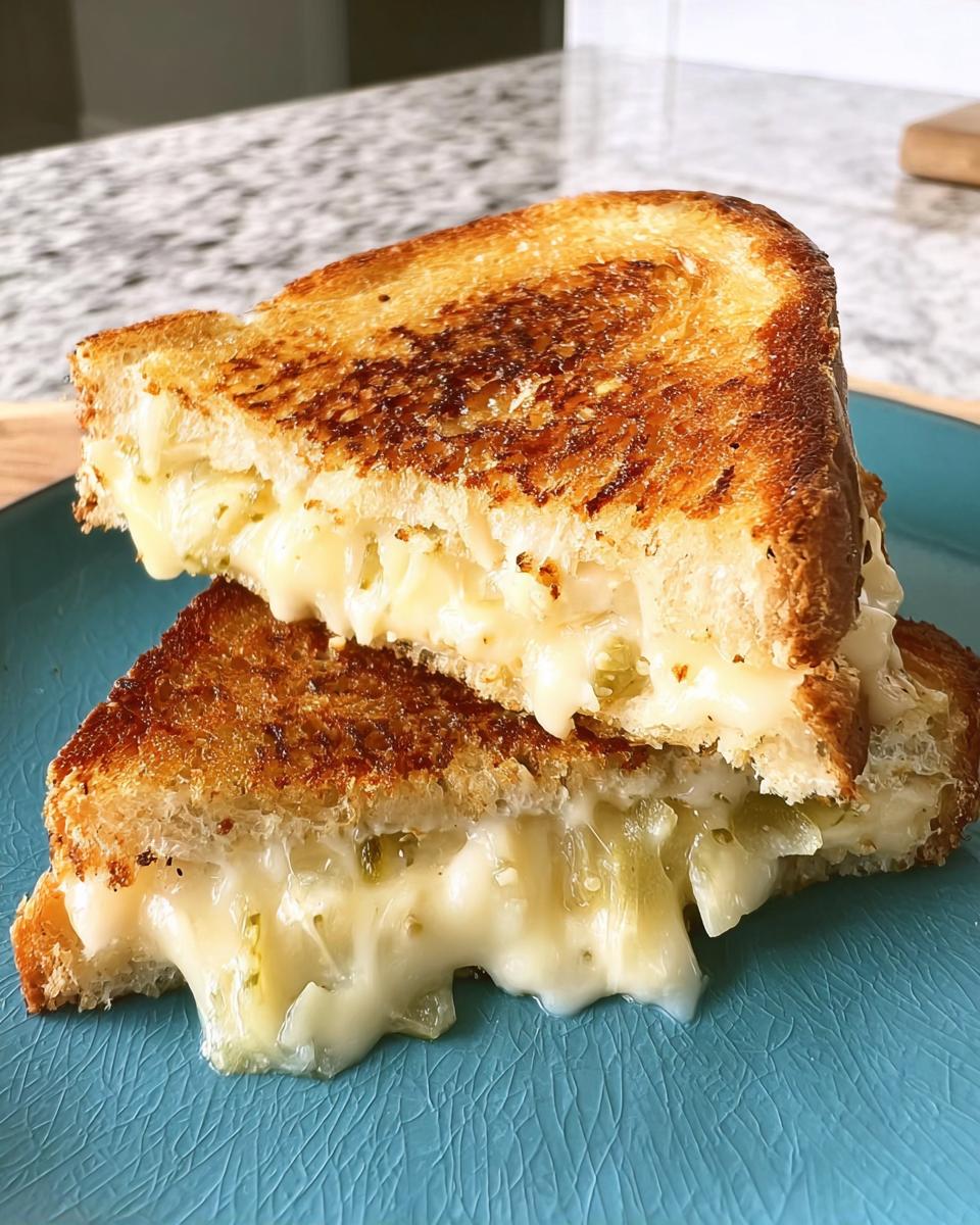 Two halves of a perfectly grilled cheese sandwich with melted cheese oozing out, a great idea for busy weeknights.