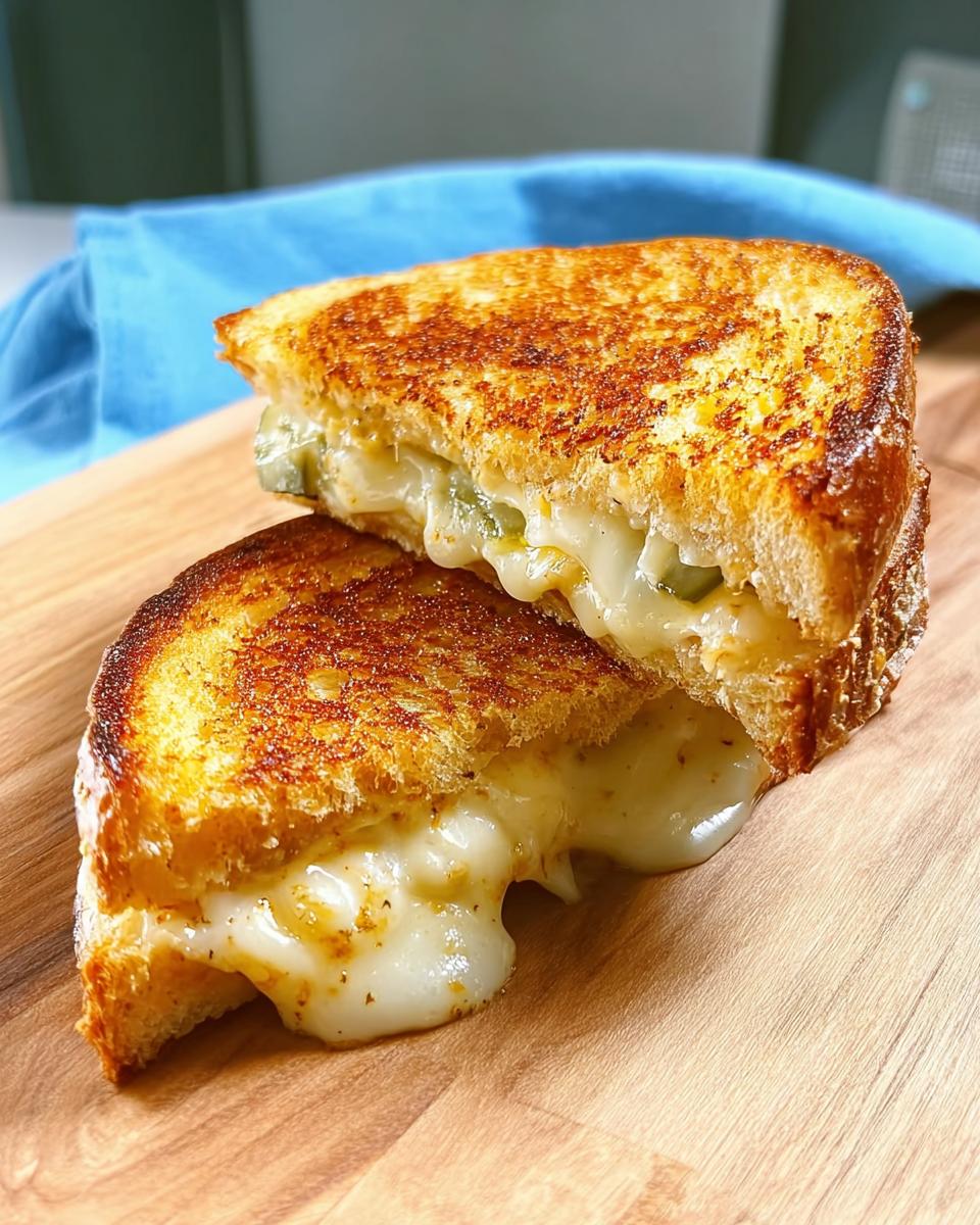 Close-up of a perfectly grilled cheese sandwich, oozing with melted cheese and cut in half.