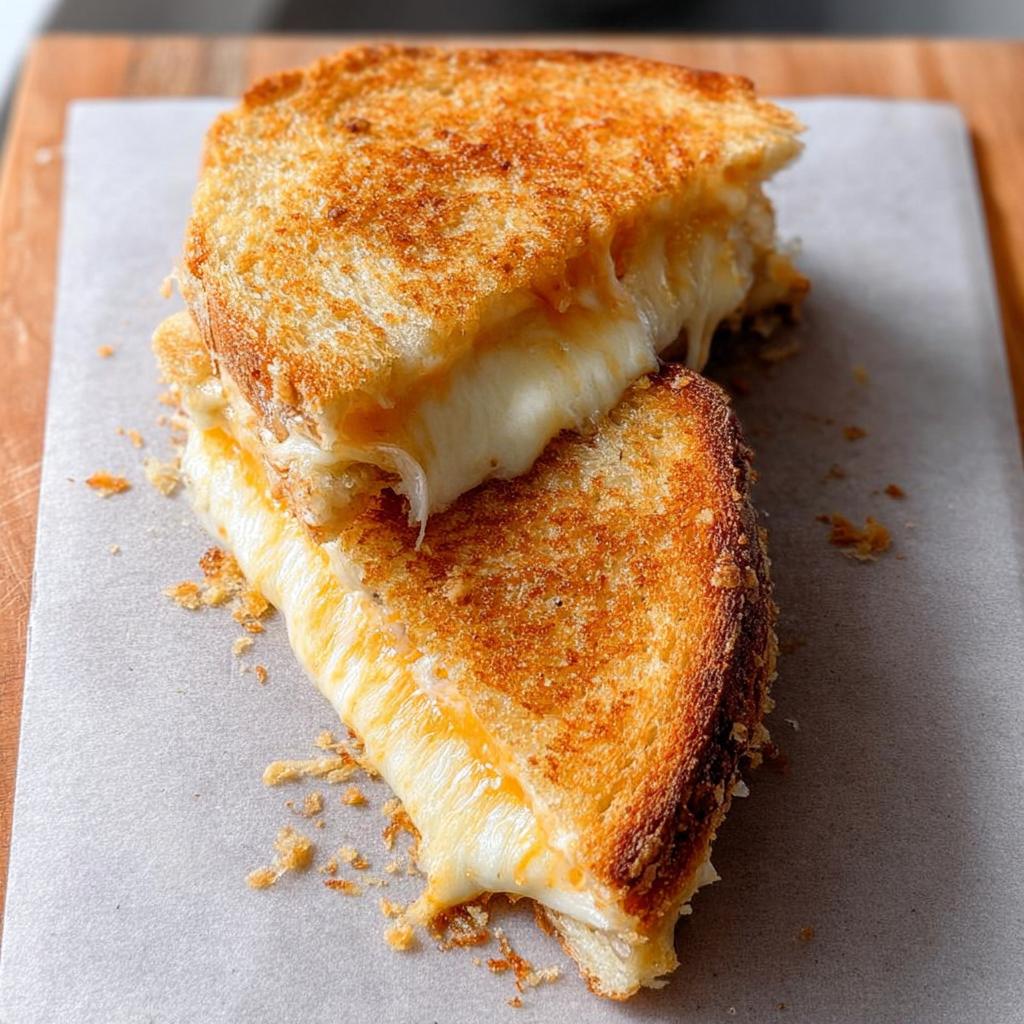 A perfectly grilled cheese sandwich, cut in half, with melted cheese oozing out.