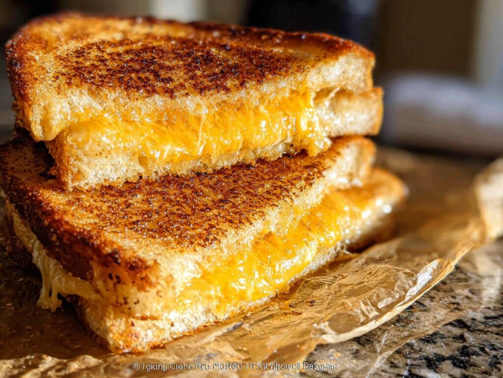 A close-up of two perfectly golden-brown grilled cheese sandwiches stacked, with melted cheese oozing out.