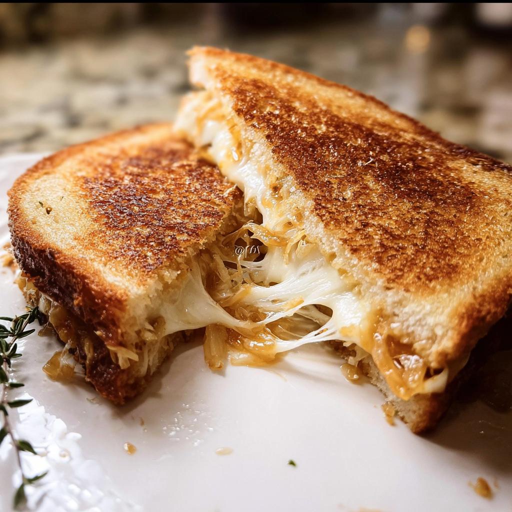A perfectly grilled cheese sandwich, cut in half, with gooey melted cheese stretching out. Features caramelized onions.