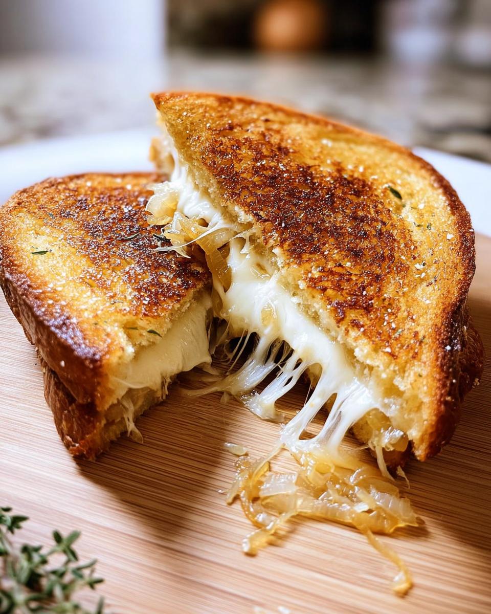 A perfectly grilled cheese sandwich, cut in half, with melted cheese oozing out and caramelized onions.