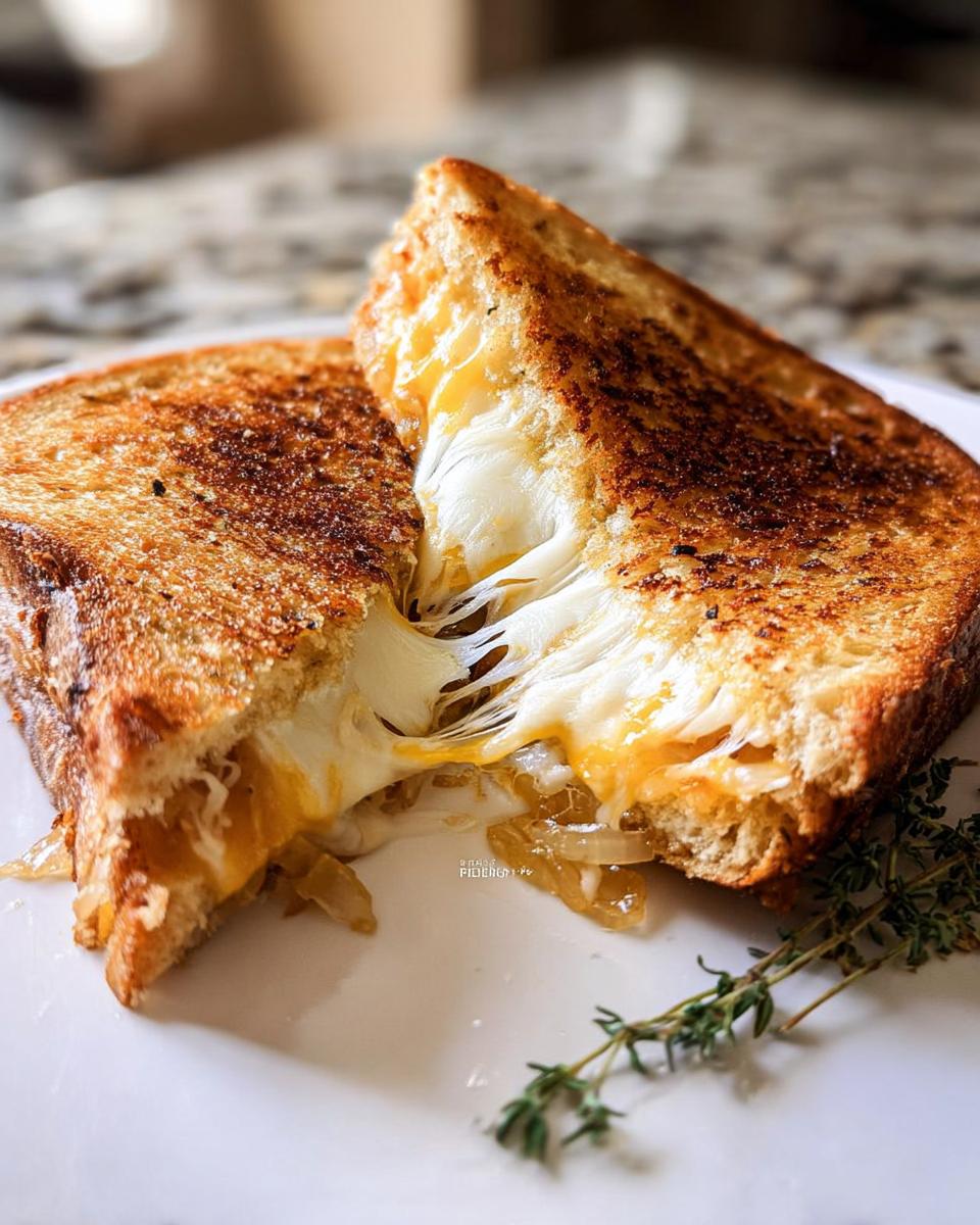 A perfectly grilled cheese sandwich, cut in half, with melted cheese oozing out. This is a great grilled cheese recipe for meal prep.