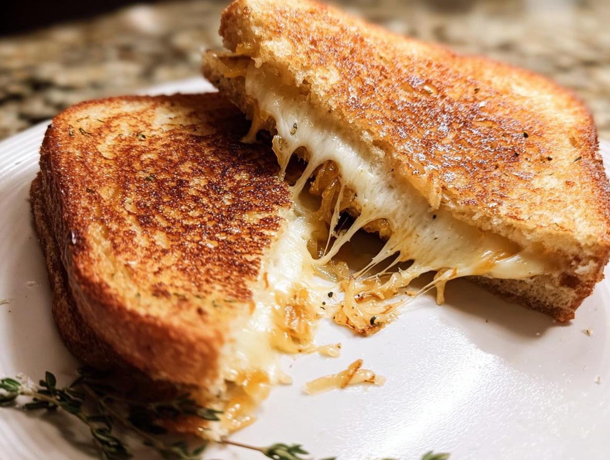 A perfectly grilled cheese sandwich, cut in half, with melted cheese oozing out. Features caramelized onions and herbs.