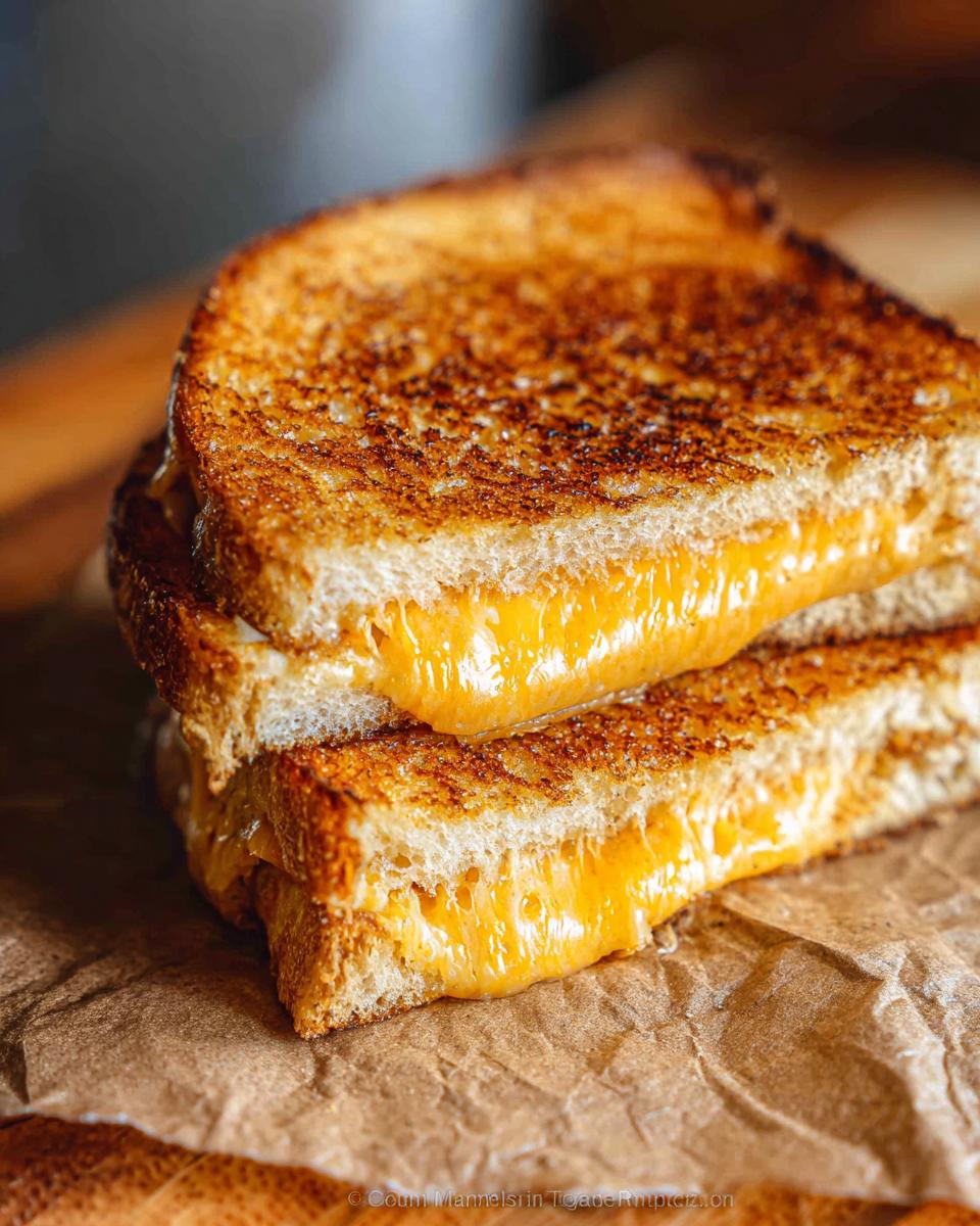 A close-up of two halves of a golden-brown grilled cheese sandwich, with melted cheese oozing out.