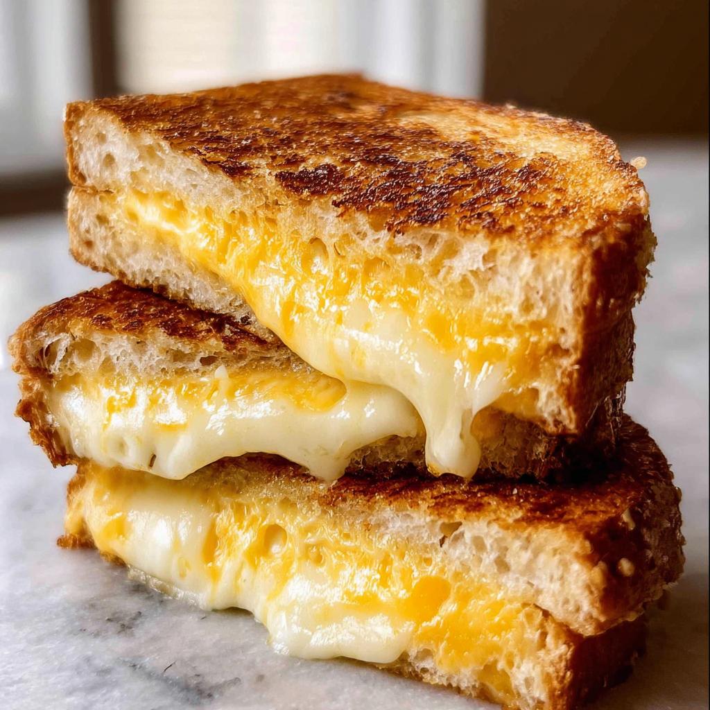 A stack of two perfectly grilled cheese sandwiches with gooey, melted cheese oozing out.