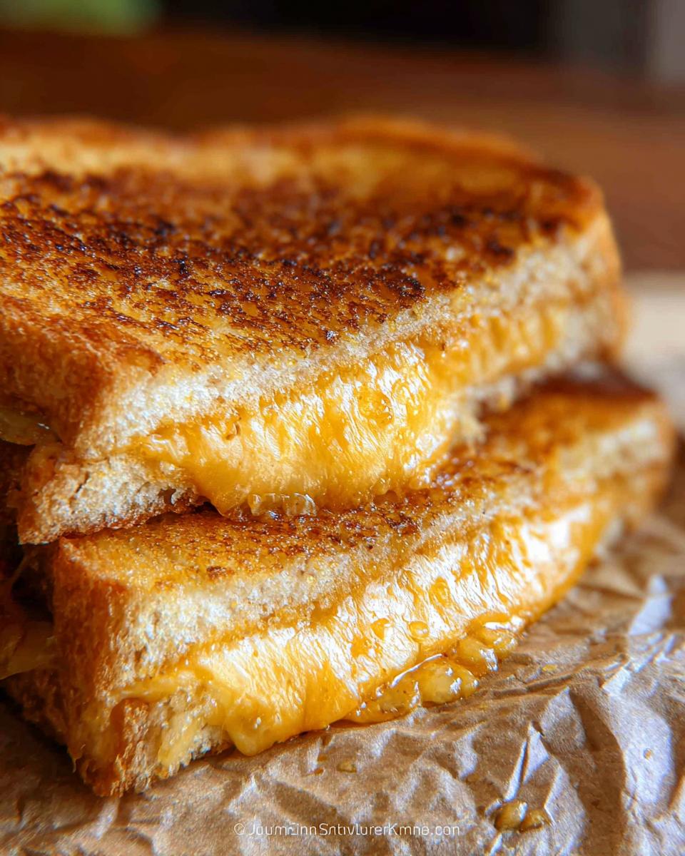 Close-up of a gooey, golden-brown grilled cheese sandwich, showcasing melted cheese oozing out.