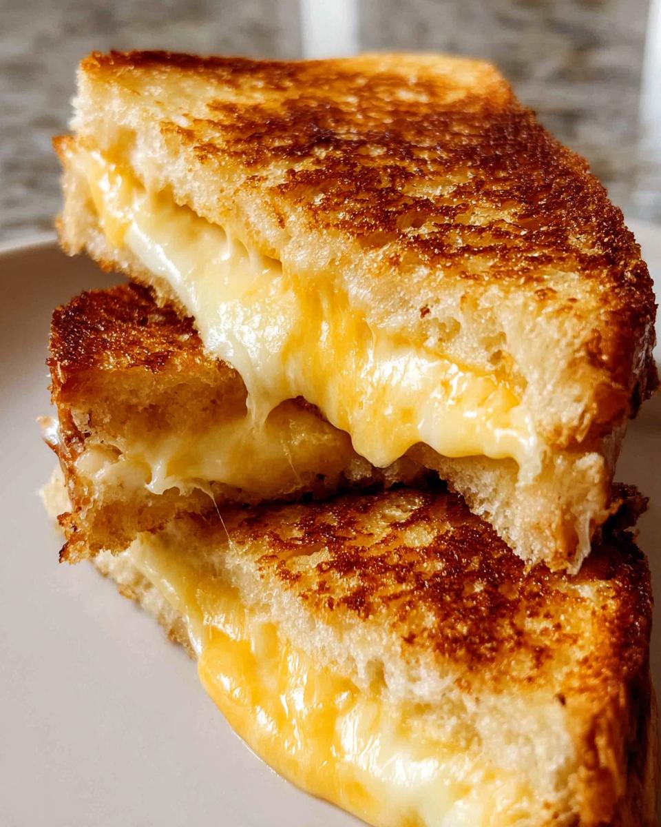 A close-up of a gooey, golden-brown grilled cheese sandwich, cut in half to show melted cheese.