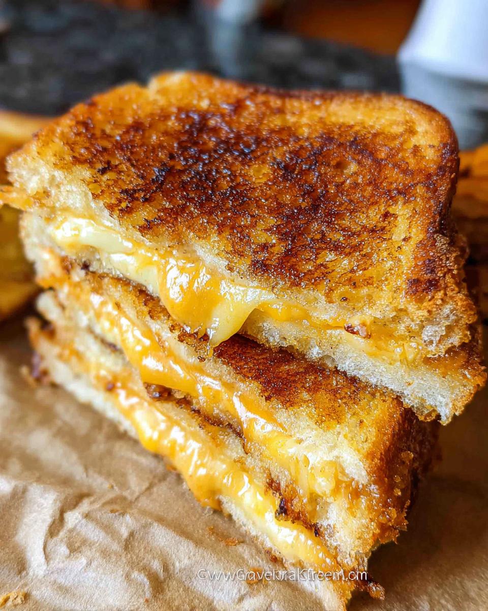 A close-up of a gooey, melted cheese sandwich, showcasing golden-brown toasted bread and oozing cheese.