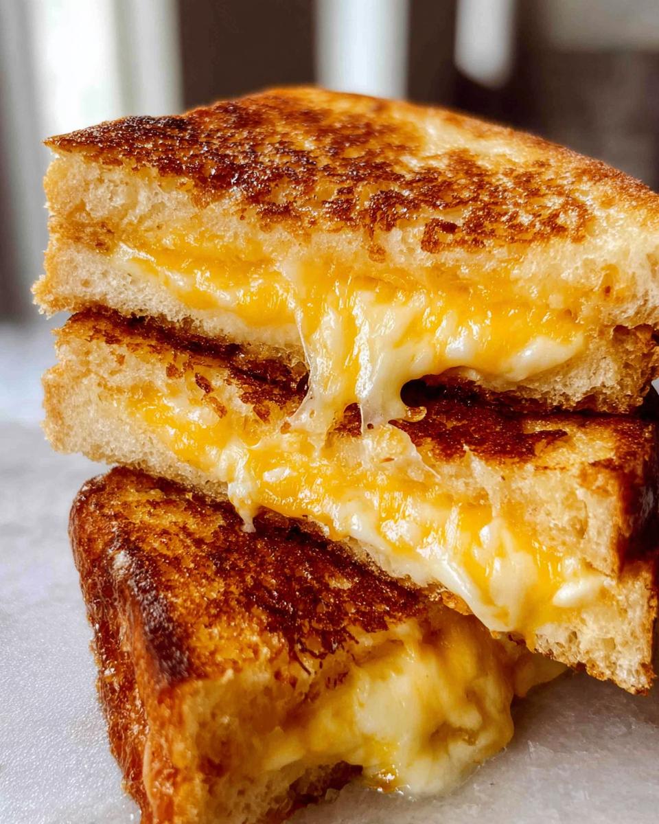 A close-up of a perfectly grilled cheese recipe with melted, gooey cheese oozing out.