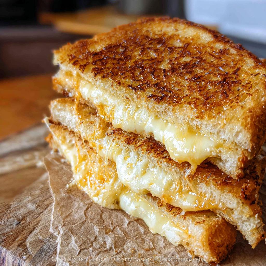 A stack of three perfectly grilled cheese sandwiches, oozing with melted cheese.