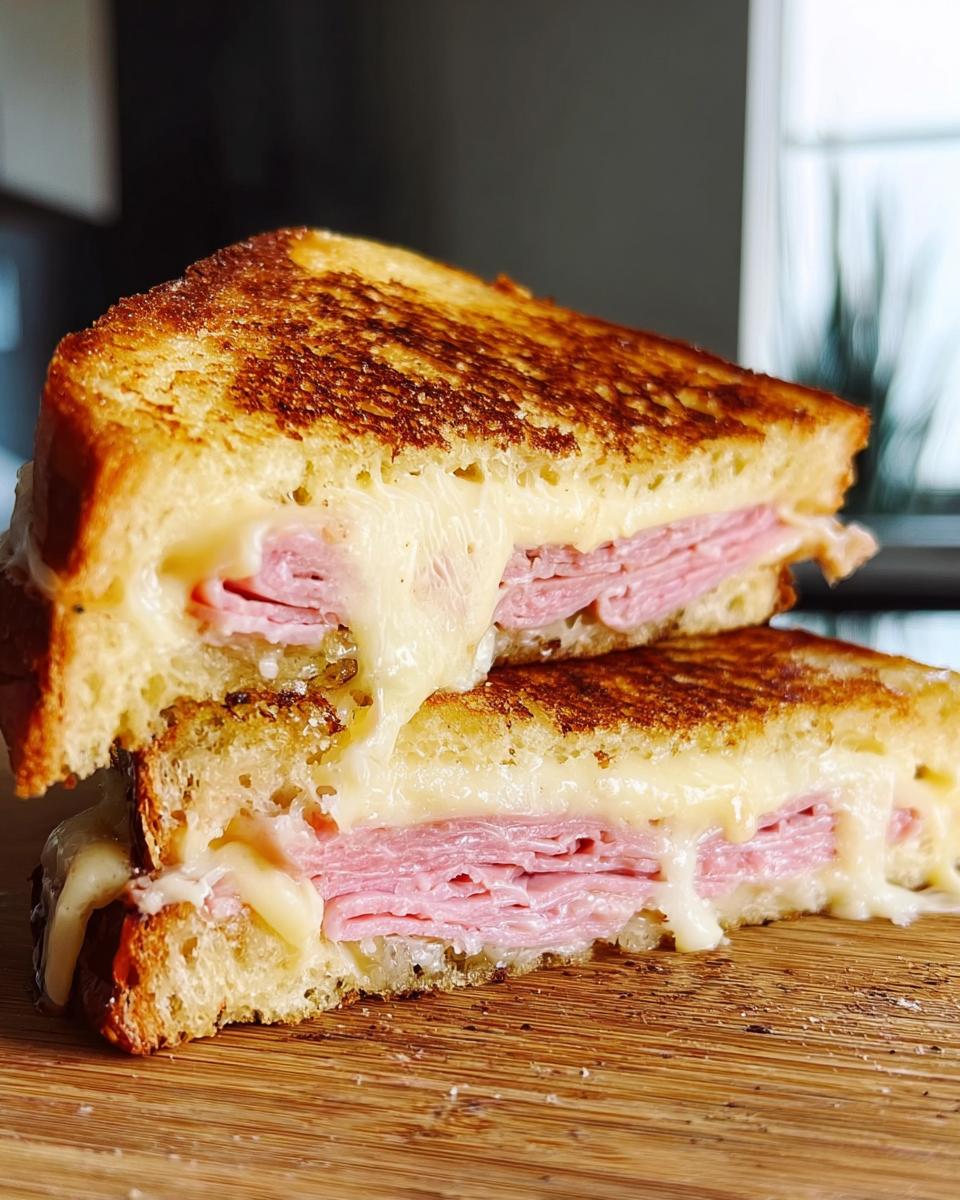 Close-up of a grilled ham and cheese sandwich, cut in half, with melted cheese oozing out. Perfect for sandwich ideas recipes.