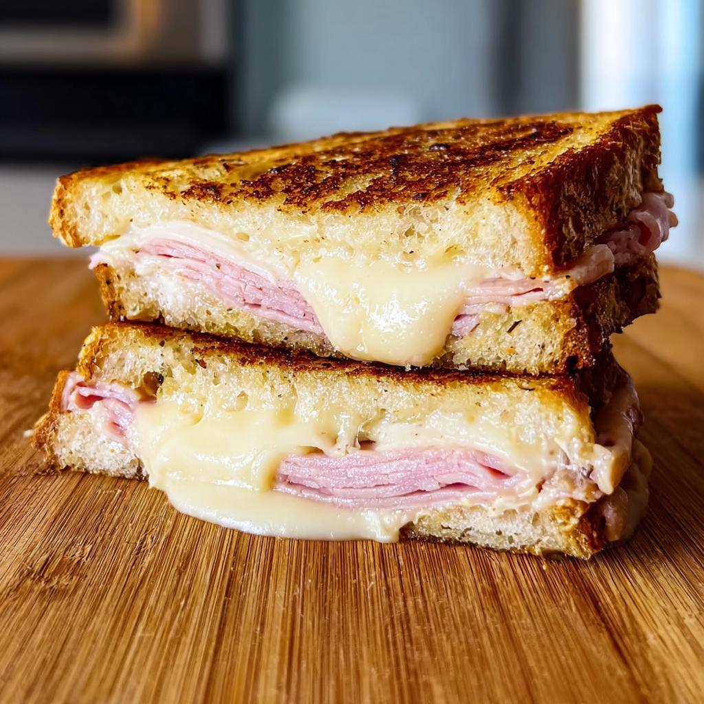 Close-up of a perfectly grilled ham and cheese sandwich with melted cheese oozing out.